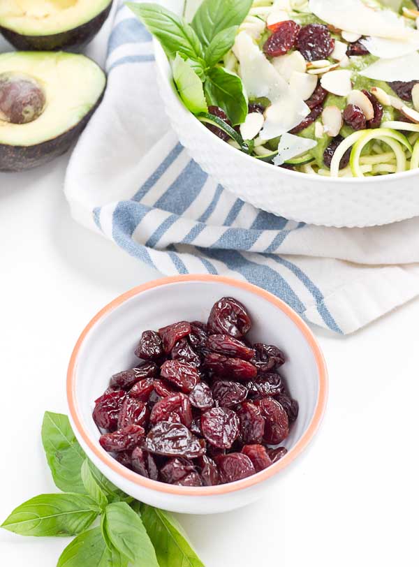 Go fresh this summer with a bowl of zucchini noodles coated in creamy avocado sauce, and topped with almonds, tart cherries and shaved parmigiano reggiano. This veggie meal is refreshing and satisfying, no heat required.