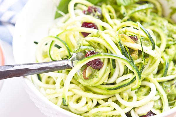 Go fresh this summer with a bowl of zucchini noodles coated in creamy avocado sauce, and topped with almonds, tart cherries and shaved parmigiano reggiano. This veggie meal is refreshing and satisfying, no heat required.
