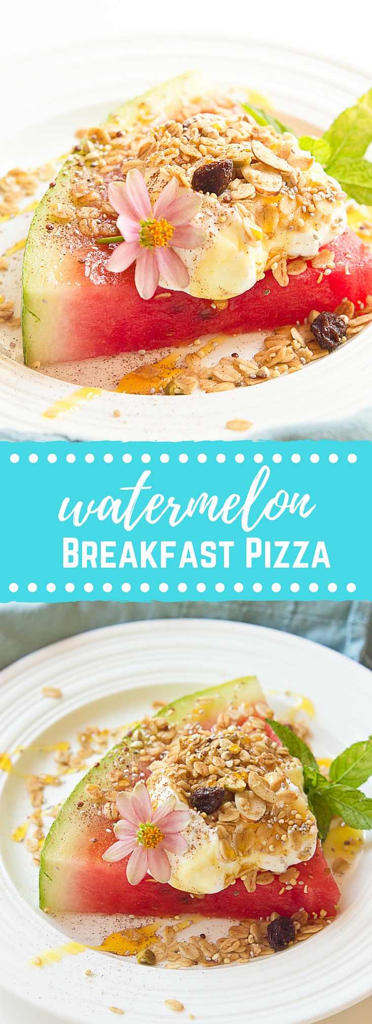 This Watermelon Breakfast Pizza is so it guys! Slice of watermelon, topped with Greek yogurt, seeds, and a drizzle of honey. Make it your own by adding your favorite toppings. The possibilities are endless. 