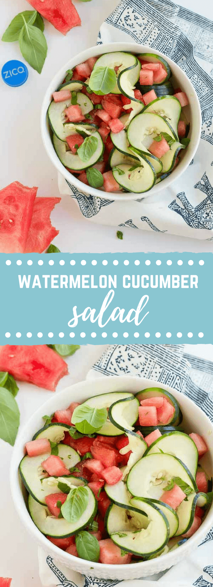 Watermelon Cucumber Salad - Just 5 ingredients. Watermelon, cucumber, basil and coconut water will hydrate and make you feel refreshed from the inside out.