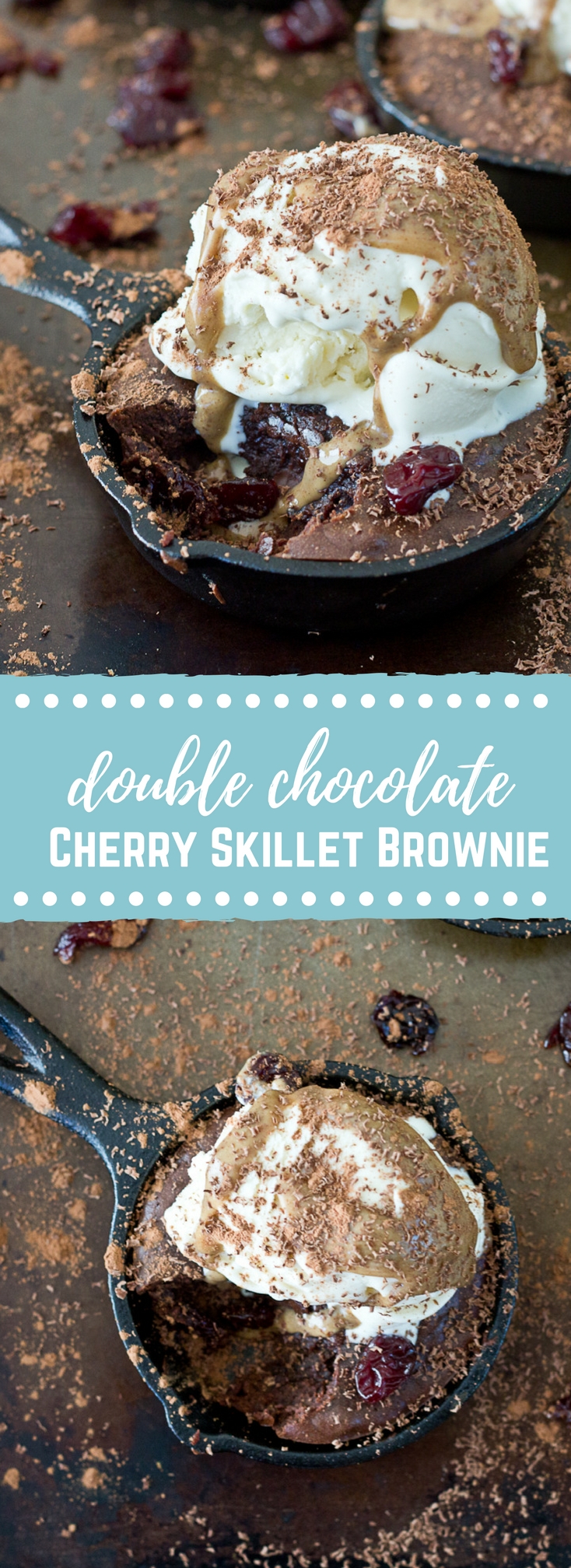 Double Chocolate Cherry Skillet Brownies a la mode with vanilla ice cream, almond butter drizzle, and chocolate shavings. This skillet brownie is lower in sugar and made with healthier ingredients like almond butter, whole grains, dried Montmorency tart cherries, and dark chocolate. 