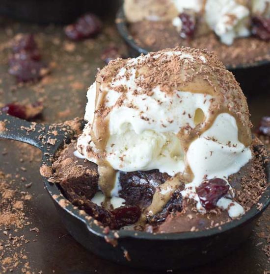 To get this healthy decadent perfect Double Chocolate Cherry Skillet Brownie.. this is what went down in my kitchen, aside from a BIG multi day mess. I made this recipe with 100% almond butter, 100% coconut oil, a mixture of AB and coconut oil, honey only, varying amounts of brown sugar, no flour, buckwheat flour, white whole wheat flour, with coffee and without, different oven temperatures, whipping the eggs first verses stirring them in later, 1-2-3 eggs, more chocolate and less chocolate. Don’t worry, we went with more chocolate.