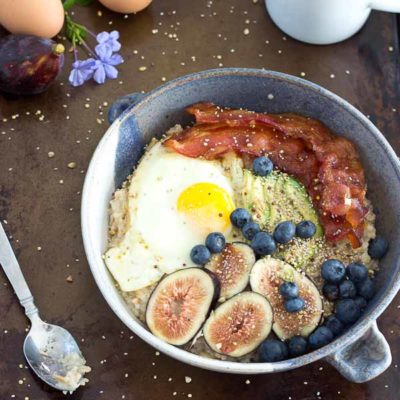 It's time to shake up that sweet oatmeal bowl and make it savory with bacon, eggs, and avocado! This Savory Oatmeal Bowl is high protein and will keep you energized all morning.