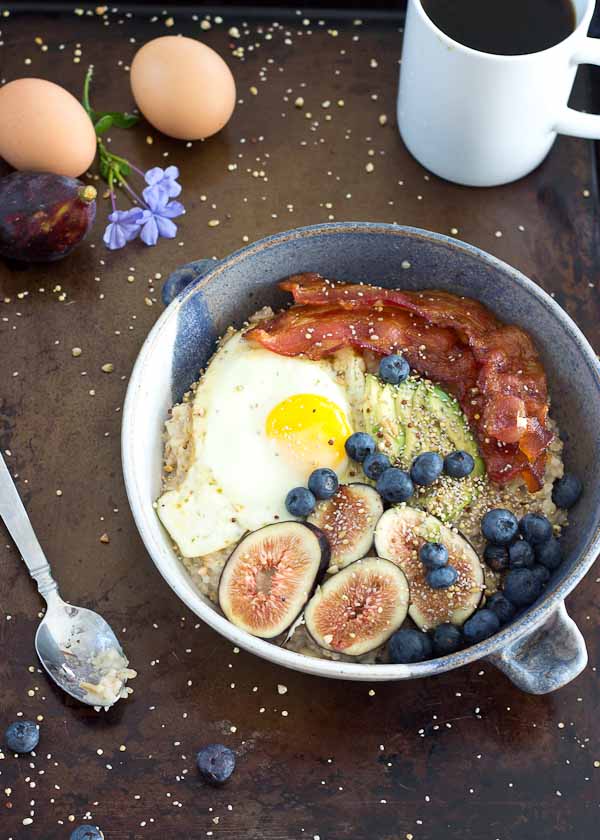 It's time to shake up that sweet oatmeal bowl and make it savory with bacon, eggs, and avocado! This Savory Oatmeal Bowl is high protein and will keep you energized all morning.