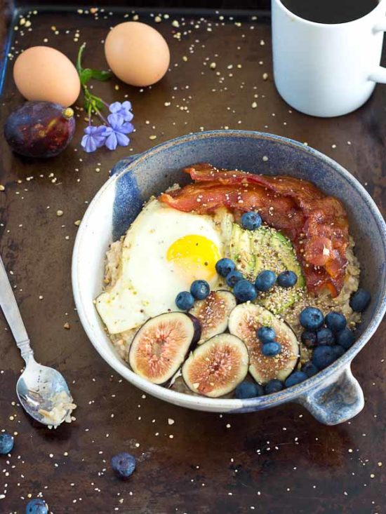 Savory Oatmeal Bowl with Eggs, Avocado, and Bacon Love & Zest