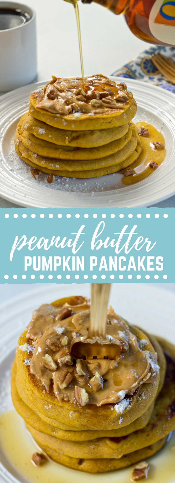 Peanut Butter Pumpkin Pancakes, need I say more? Get in my belly already! Super easy recipe made with box pancake mix to simplify your mornings. 