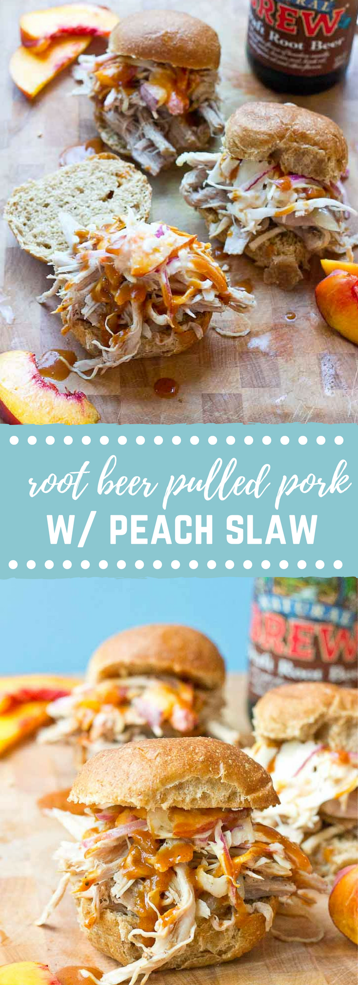 Root Beer Pulled Pork with Peach Slaw made in the slow cooker just in time for game day! This recipe has a simple ingredient list and that Homemade BBQ Sauce and those peaches in that Peach Slaw, you can't miss out on that sweetness. YUM!