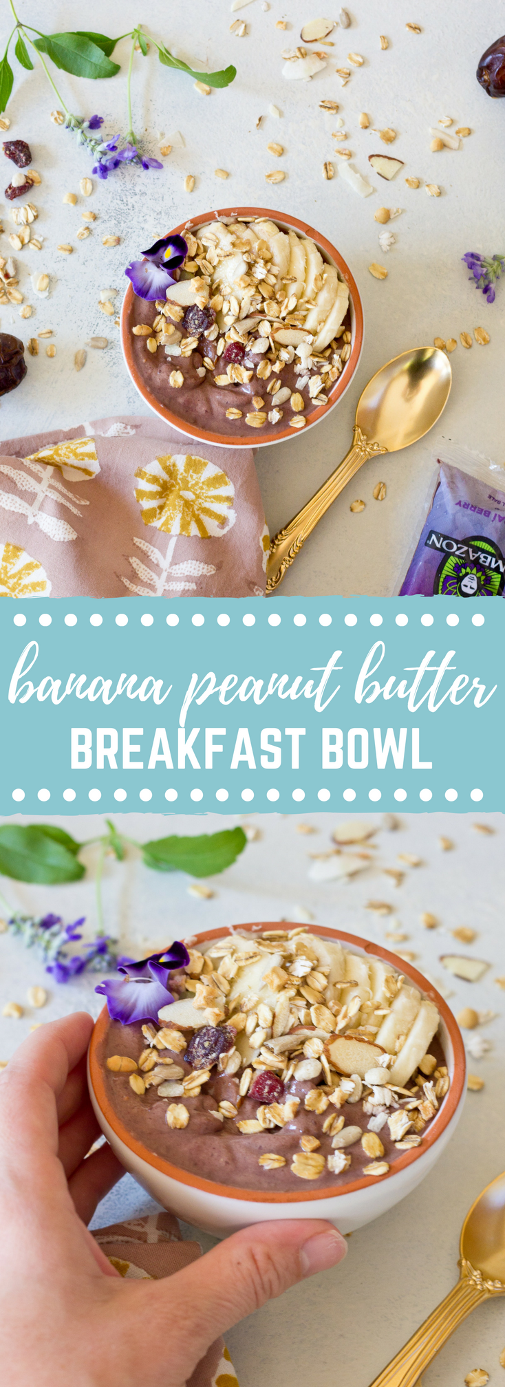 This Banana Peanut Butter Breakfast Bowl is seriously the best smoothie bowl ever. It's naturally sweetened with medjool dates, bananas and power packed with antioxidants from unsweetened acai. The creaminess factor was upped with plain kefir and peanut butter and topped with bananas (naturally) and gluten free muesli for irresistible crunch in every bite. 