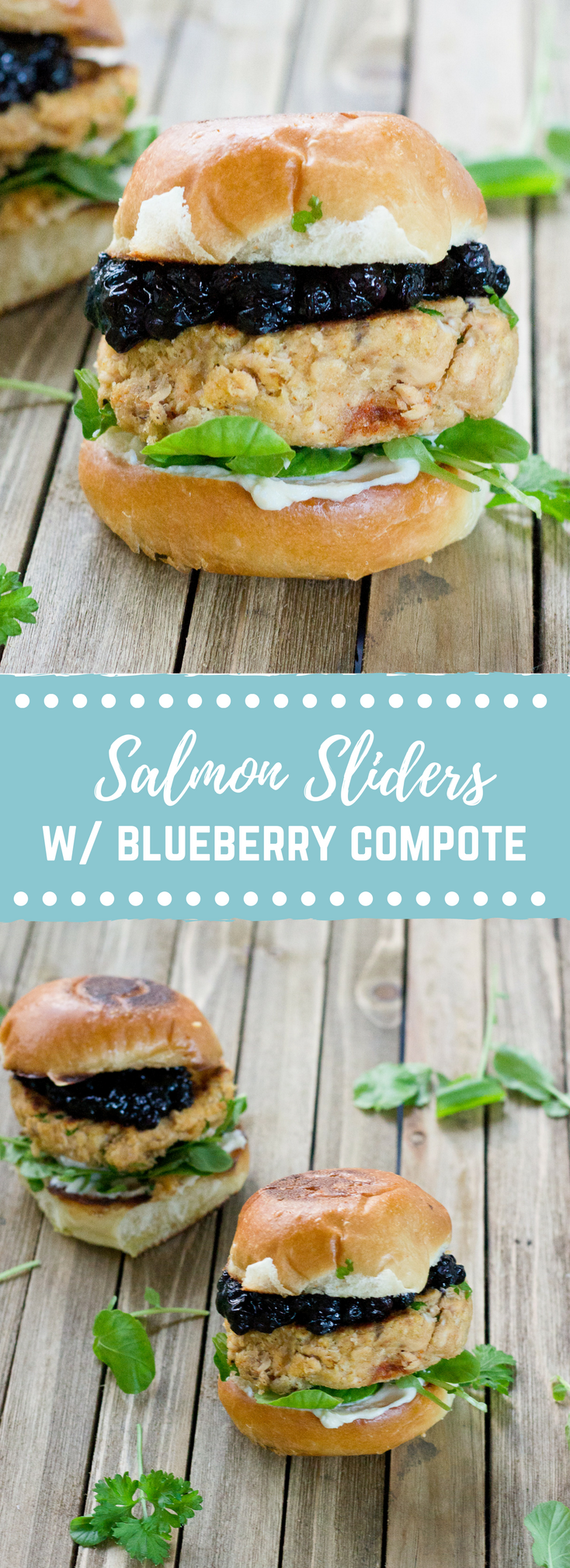 These Salmon Sliders with Blueberry Compote are quite possibly the best way to eat salmon at home! Convenience, price, and deliciousness! Warm salmon cakes, wild blueberries compote, maple goat cheese spread, toasted buttery buns = BEST FOOD EVER.