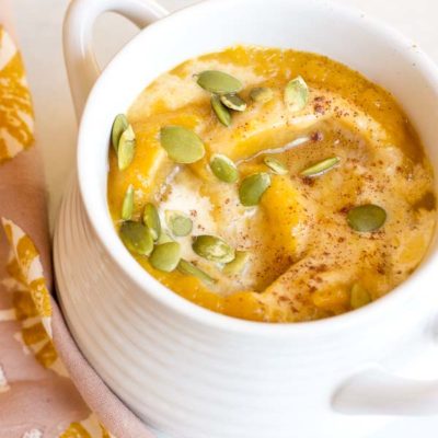 Autumn Squash Soup is a seasonal favorite and my personal health elixir. The flavors of this soup are just what you need on a chilly day. This Autumn Squash Soup made with butternut and acorn squash and honey crisp apples is oh-so-comforting and healthy!