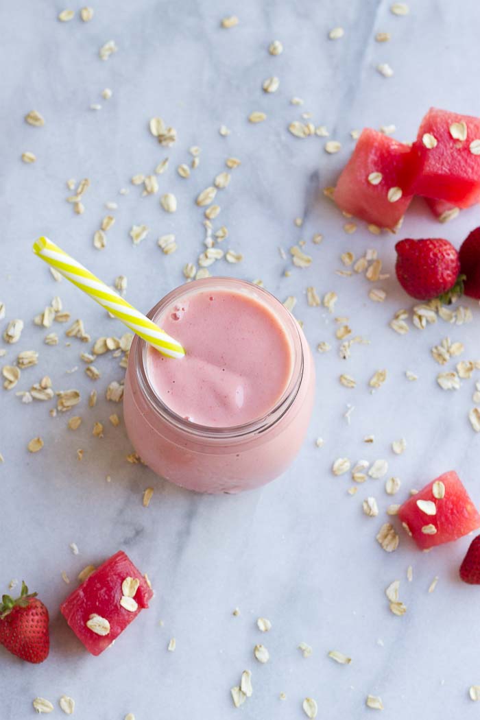 This Watermelon Oatmeal Smoothie is hydrating and filled with electrolytes, complex carbs and proteins needed to refuel post workout. 
