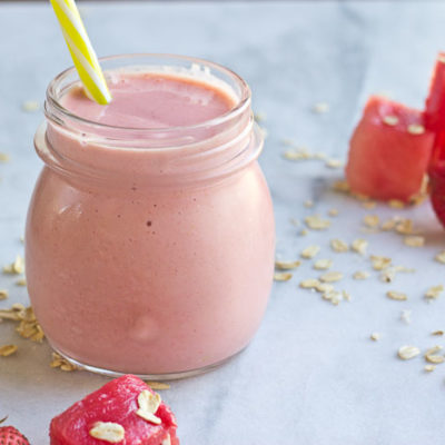 This Watermelon Oatmeal Smoothie is hydrating and filled with electrolytes, complex carbs and proteins needed to refuel post workout.