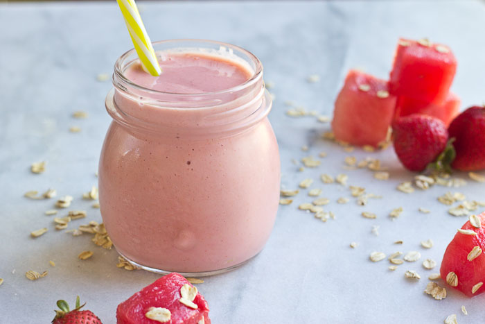 This Watermelon Oatmeal Smoothie is hydrating and filled with electrolytes, complex carbs and proteins needed to refuel post workout. 