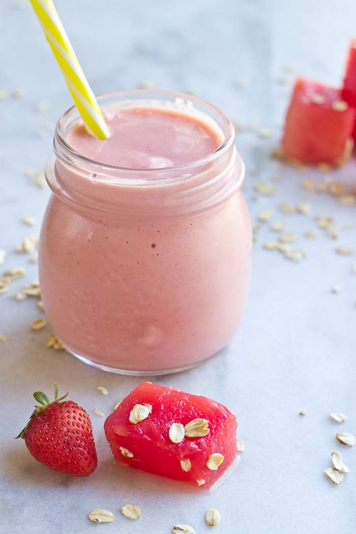 This Watermelon Oatmeal Smoothie is hydrating and filled with electrolytes, complex carbs and proteins needed to refuel post workout. 