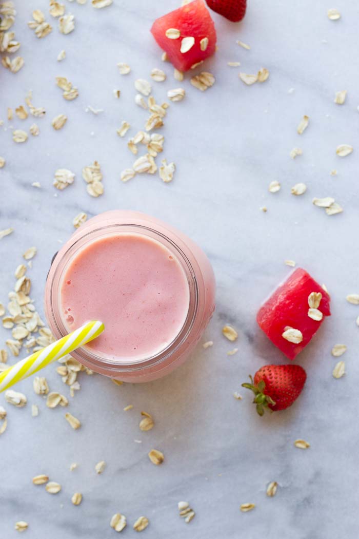 This Watermelon Oatmeal Smoothie is hydrating and filled with electrolytes, complex carbs and proteins needed to refuel post workout. 