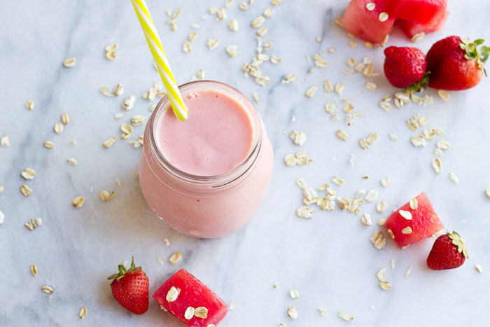 This Watermelon Oatmeal Smoothie is hydrating and filled with electrolytes, complex carbs and proteins needed to refuel post workout. 