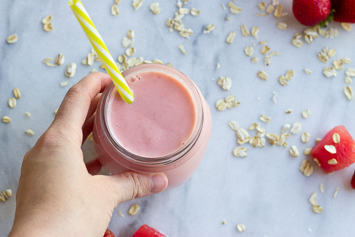 This Watermelon Oatmeal Smoothie is hydrating and filled with electrolytes, complex carbs and proteins needed to refuel post workout.