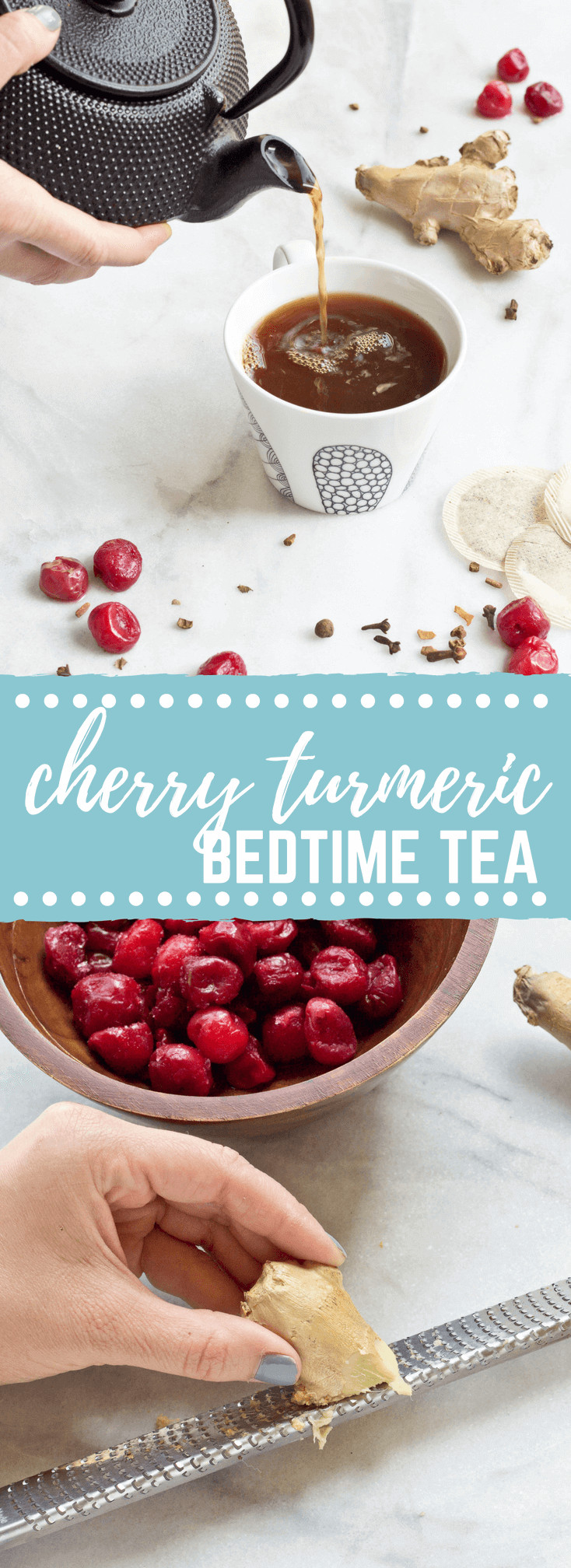 This Cherry Turmeric Bedtime Tea will undoubtedly change your tea life. Chamomile tea steeped in tart cherry juice, turmeric, ginger, and fresh tart cherries. 