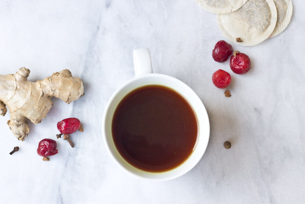 Guys, this Cherry Turmeric Bedtime Tea will undoubtedly change your coffee or tea life. I steeped chamomile tea in tart cherry juice and stirred in a heaping dose of ground turmeric, fresh ginger, and fresh whole tart cherries--> and Cherry Turmeric Bedtime Tea was born.