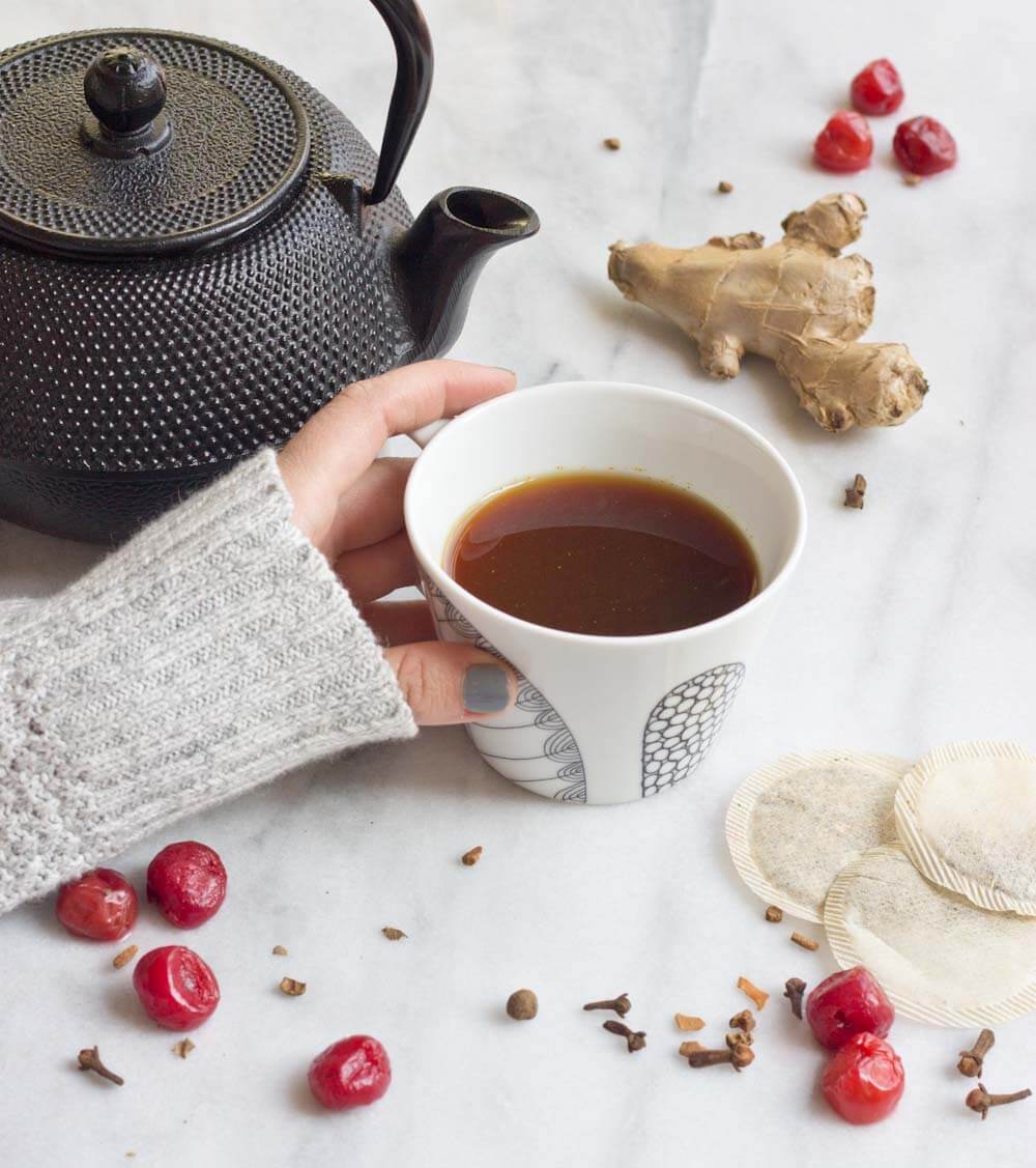 Guys, this Cherry Turmeric Bedtime Tea will undoubtedly change your coffee or tea life. I steeped chamomile tea in tart cherry juice and stirred in a heaping dose of ground turmeric, fresh ginger, and fresh whole tart cherries--> and Cherry Turmeric Bedtime Tea was born.