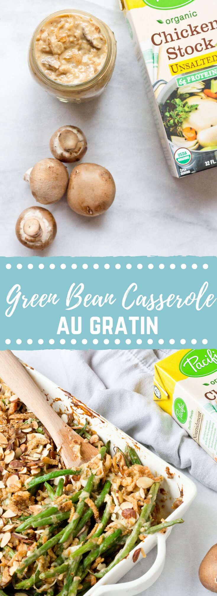 Because we all need Green Bean Casserole in our lives. This is recipe is easy and made with homemade cream of mushroom soup + au gratin topping! Extra crunchies, please!