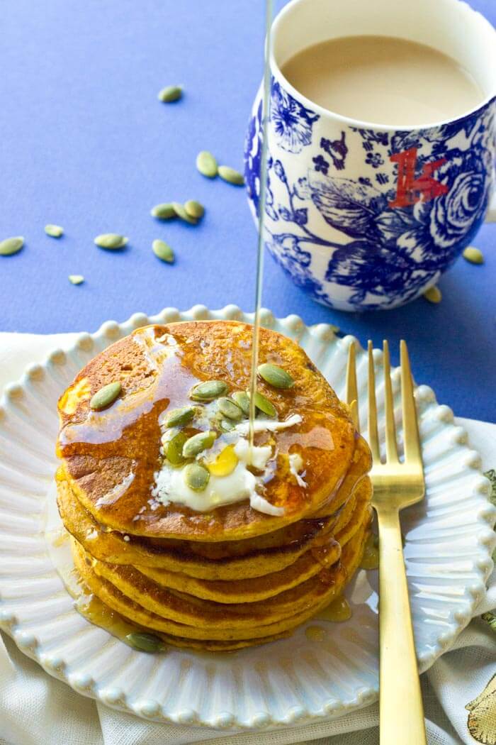 kid favorite pumpkin pancakes with coffee