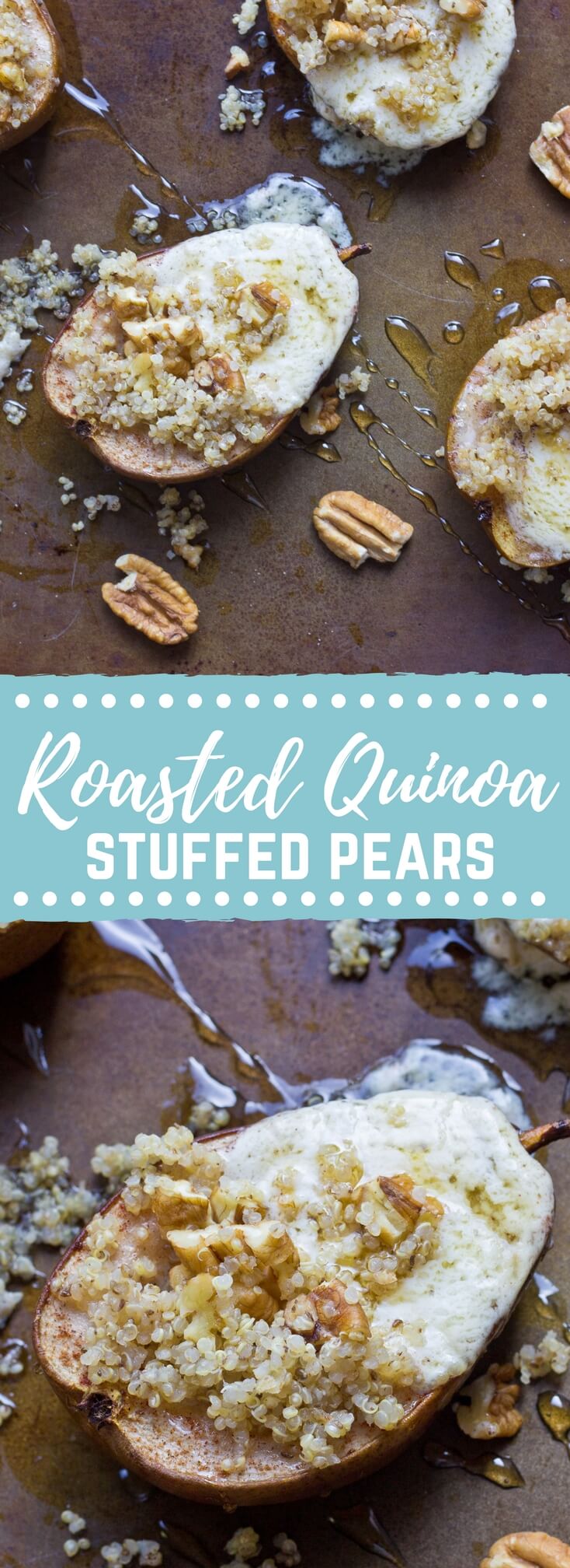 Roasted Quinoa Stuffed Pears are exactly what I want to eat on a cool morning this fall. These pears are stuffed with mascarpone cheese, quinoa, and pecans. So yum!