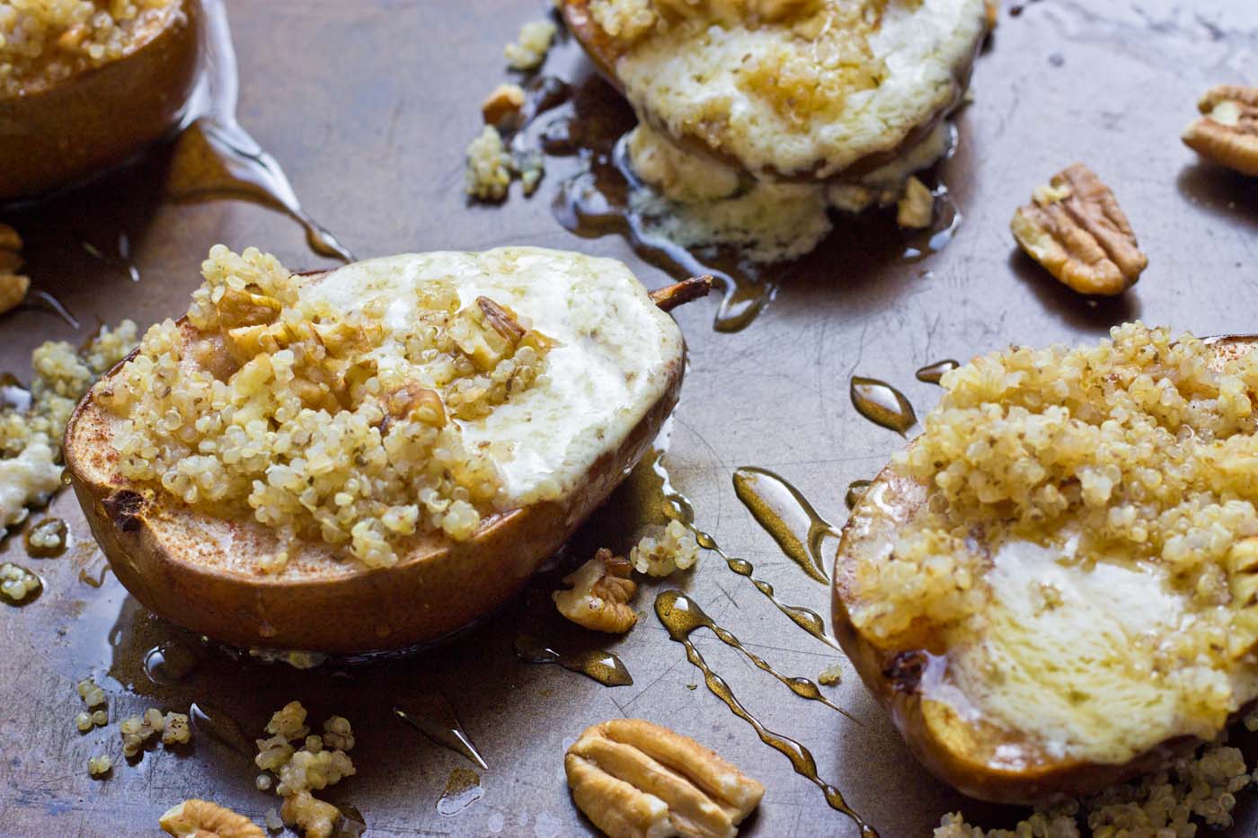 Roasted Quinoa Stuffed Pears are exactly what I want to eat on a cool morning this fall. These pears are stuffed with mascarpone cheese, quinoa, and pecans. So yum!