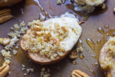 Roasted Quinoa Stuffed Pears are exactly what I want to eat on a cool morning this fall. These pears are stuffed with mascarpone cheese, quinoa, and pecans. So yum!