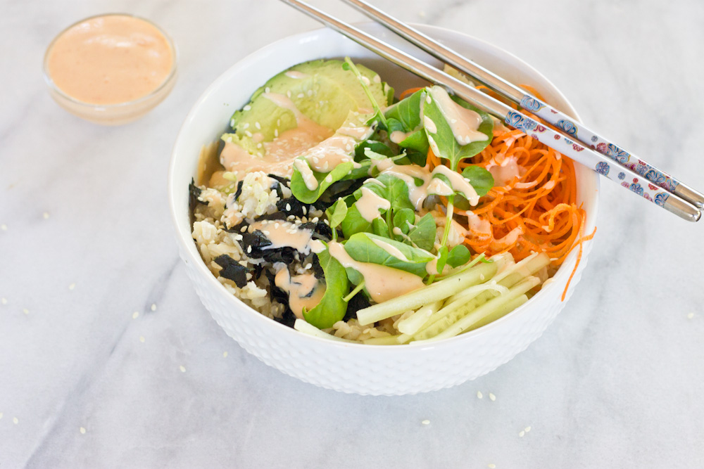 These Vegan Sushi Bowls are making my life right now… because of this spicy dressing. Let’s be honest... it's all about the condiments.