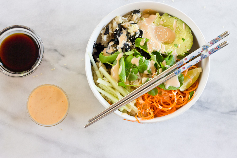 These Vegan Sushi Bowls are making my life right now… because of this spicy dressing. Let’s be honest... it's all about the condiments.