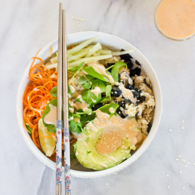 These Vegan Sushi Bowls are making my life right now… because of this spicy dressing. Let’s be honest... it's all about the condiments.