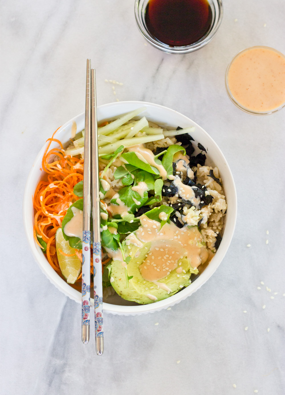 These Vegan Sushi Bowls are making my life right now… because of this spicy dressing. Let’s be honest... it's all about the condiments.