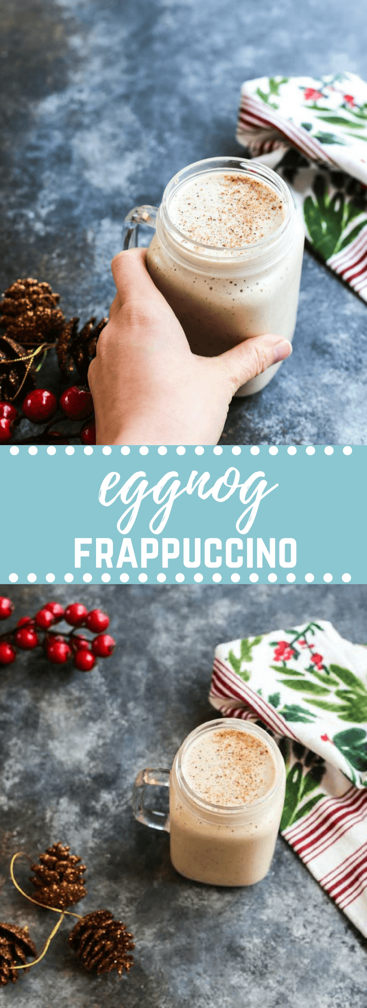 Bring the coffee shop to your house with this eggnog frappuccino that's easy to make at home-- all you need is eggnog, banana, coffee, (protein powder-- if you wish) and a blender! 