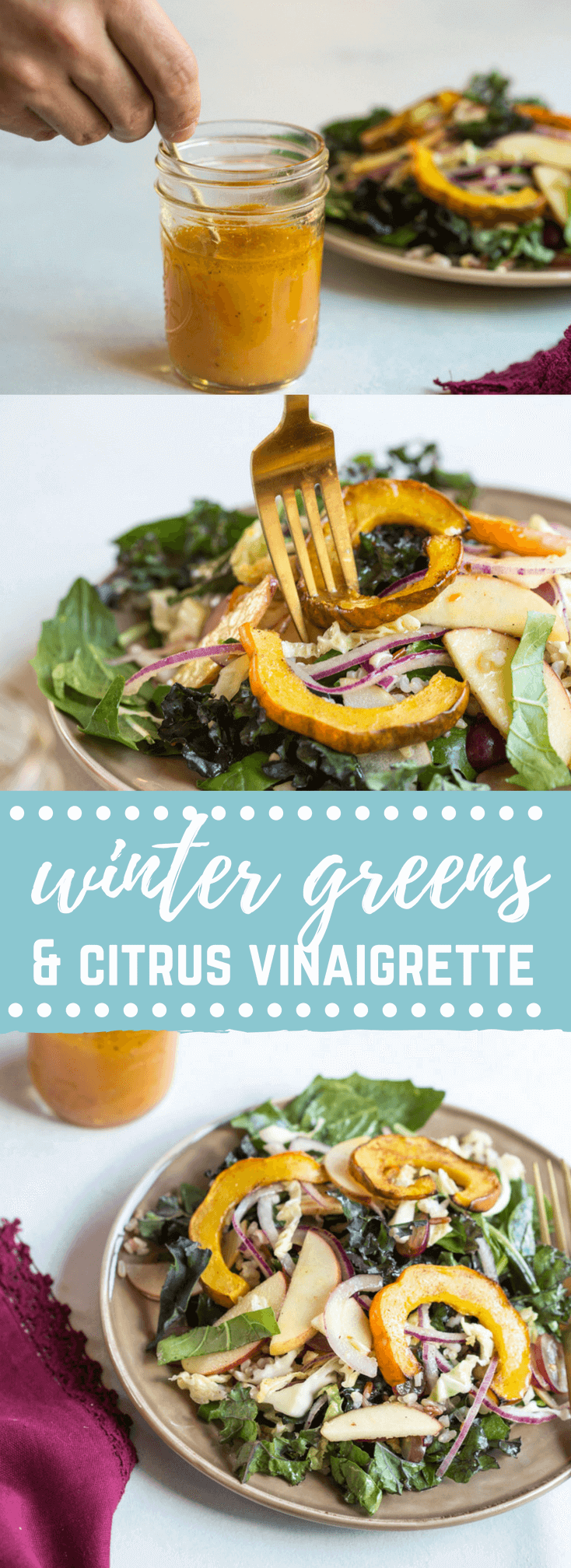 This Winter Greens Salad with Citrus Vinaigrette tho. It's exactly what should be on your holiday table--- warm acorn squash, apple slaw, winter greens, hearty grains and a tangy citrus vinaigrette! Add grilled chicken or garbanzo beans to make this salad a meal, or serve as a salad in your holiday spread.