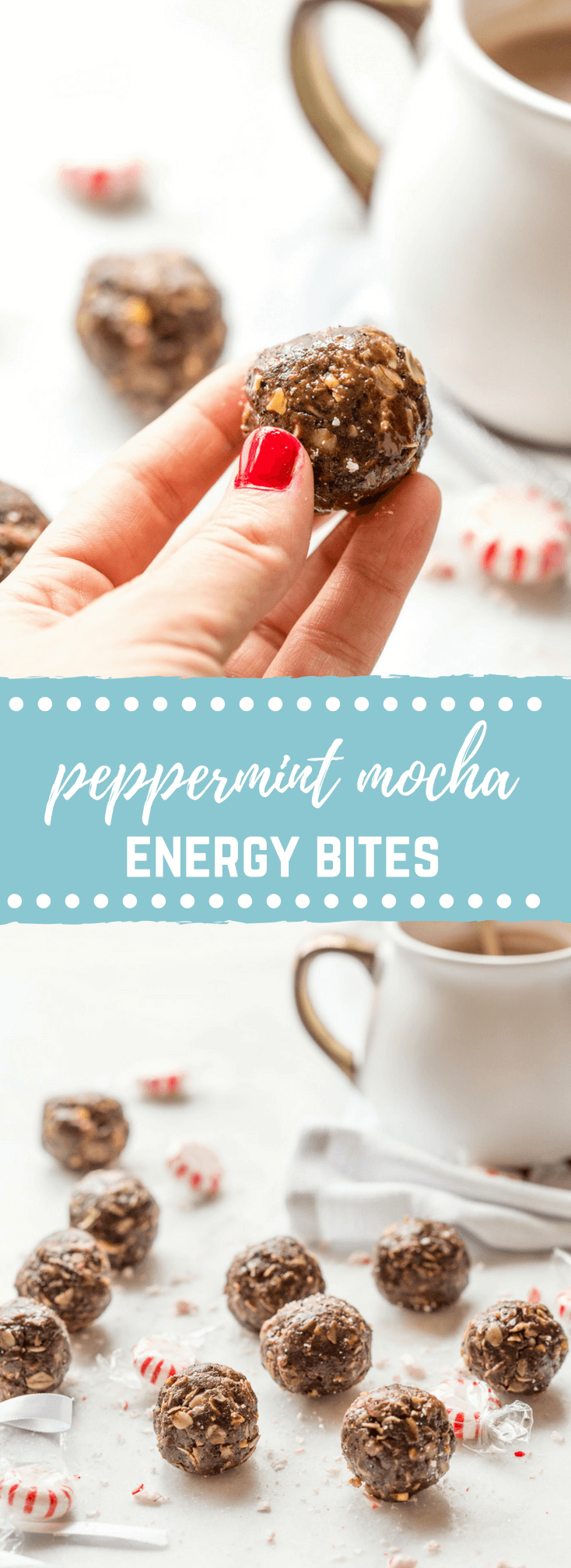 These Peppermint Mocha Energy Bites made with almond butter, oats, and ground coffee are sooo easy to prepare-- all you need is a big bowl and mixing spoon. They make the perfect snack for traveling during the holidays!