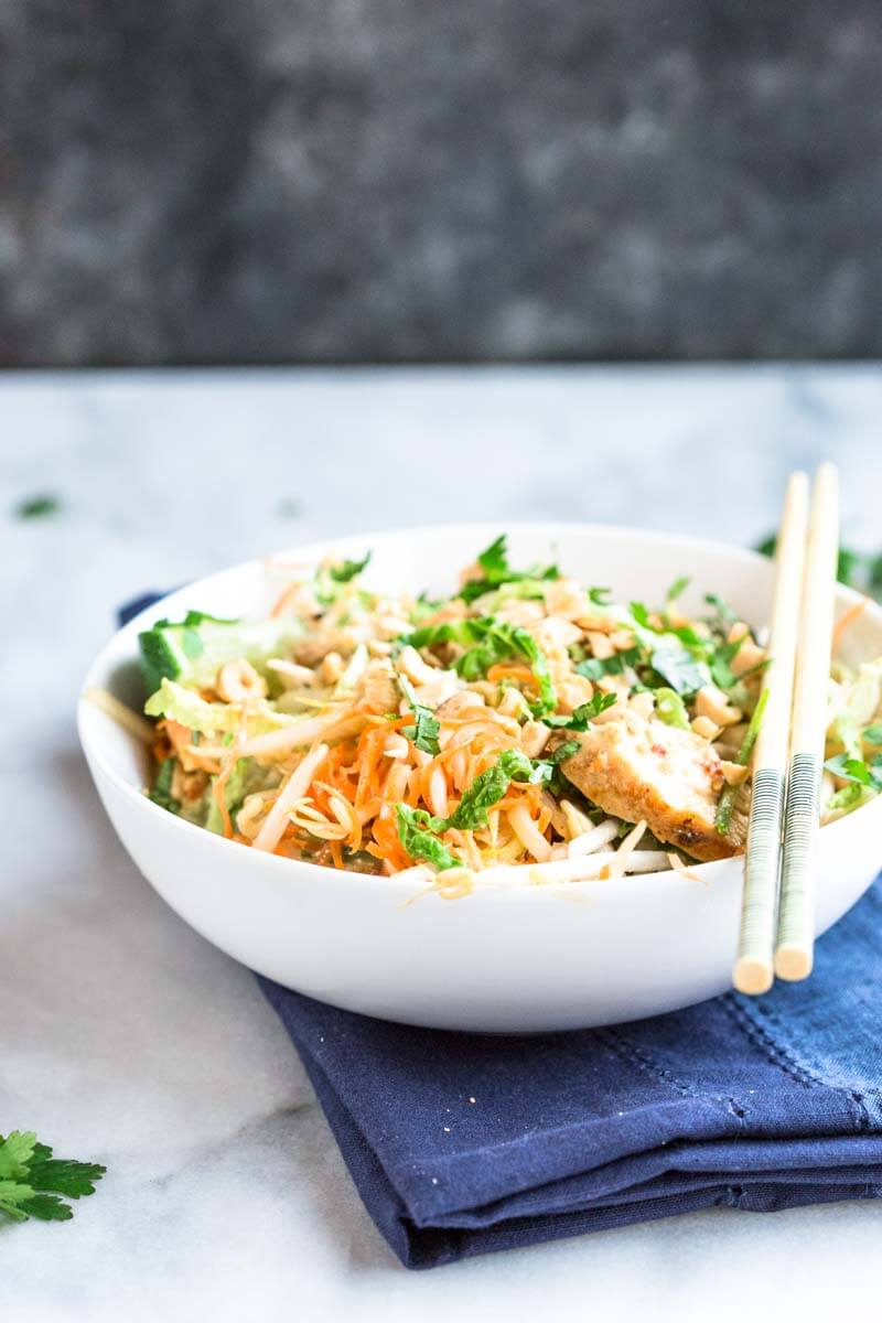 These Chicken Pad Thai Zoodles have so much flavor. This dinner is lower carb thanks to all the veggies like zucchini, carrots, bean sprouts, and cabbage. Grab the chopsticks and get this on your dinner table fast!