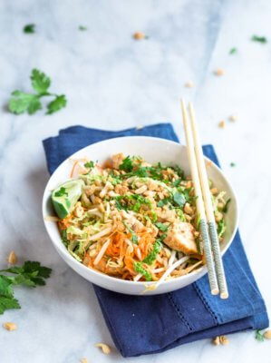 These Chicken Pad Thai Zoodles have so much flavor. This dinner is lower carb thanks to all the veggies like zucchini, carrots, bean sprouts, and cabbage. Grab the chopsticks and get this on your dinner table fast!