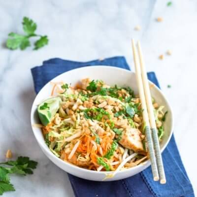 These Chicken Pad Thai Zoodles have so much flavor. This dinner is lower carb thanks to all the veggies like zucchini, carrots, bean sprouts, and cabbage. Grab the chopsticks and get this on your dinner table fast!