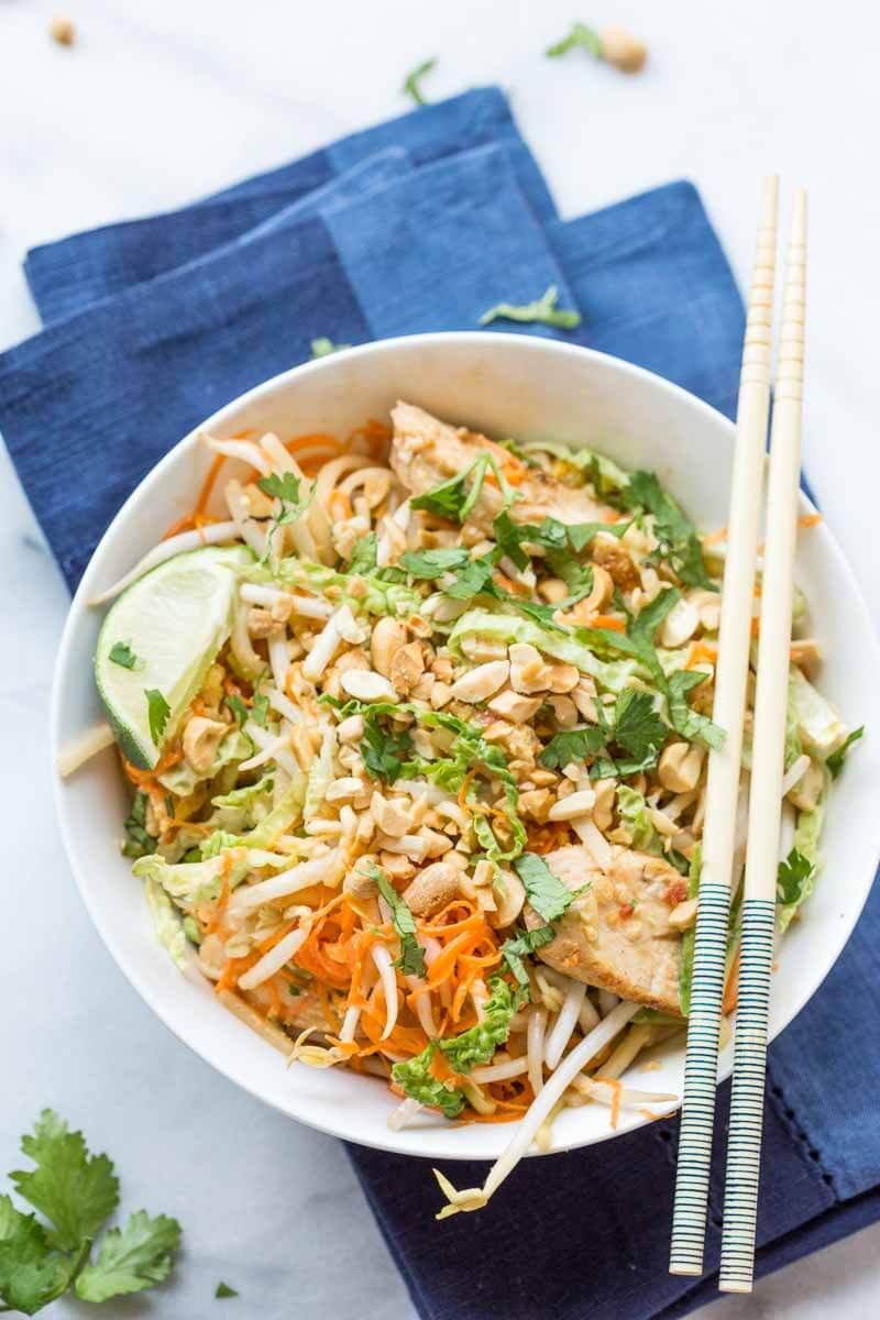 These Chicken Pad Thai Zoodles have so much flavor. This dinner is lower carb thanks to all the veggies like zucchini, carrots, bean sprouts, and cabbage. Grab the chopsticks and get this on your dinner table fast!