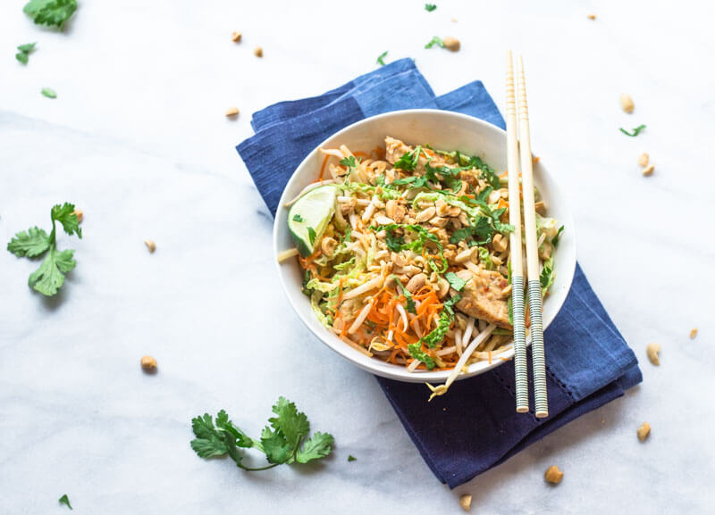 These Chicken Pad Thai Zoodles have so much flavor. This dinner is lower carb thanks to all the veggies like zucchini, carrots, bean sprouts, and cabbage. Grab the chopsticks and get this on your dinner table fast!