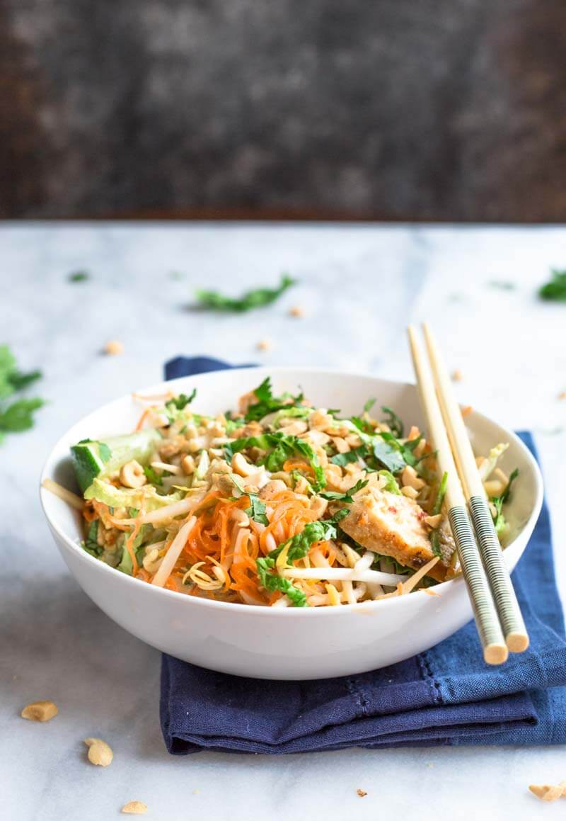 These Chicken Pad Thai Zoodles have so much flavor. This dinner is lower carb thanks to all the veggies like zucchini, carrots, bean sprouts, and cabbage. Grab the chopsticks and get this on your dinner table fast!