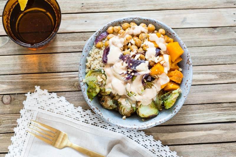 This Vegetarian Nourish Bowl is power packed with nutritious and detoxifying foods that will nourish your body from the inside out! Roasted butternut squash, Brussels sprouts, garbanzo beans and quinoa drizzled with a lemon peanut sauce....YUMMA! 