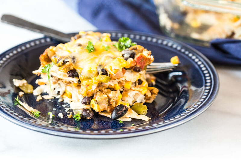 This Vegetarian Tortilla Casserole is made with wholesome ingredients like onions, bell pepper, corn, beans, vegetarian burger patties, corn tortillas and shredded cheese. It’s a great recipe for vegetarians and meat eaters alike, since the Gardenburger patties have a meaty flavor and texture. LOVE THEM.