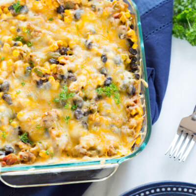 This Vegetarian Tortilla Casserole is made with wholesome ingredients like onions, bell pepper, corn, beans, vegetarian burger patties, corn tortillas and shredded cheese. It’s a great recipe for vegetarians and meat eaters alike, since the veggie patties have a meaty flavor and texture. LOVE THIS ONE.