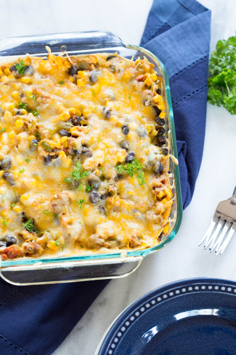 This Vegetarian Tortilla Casserole is made with wholesome ingredients like onions, bell pepper, corn, beans, vegetarian burger patties, corn tortillas and shredded cheese. It’s a great recipe for vegetarians and meat eaters alike, since the veggie patties have a meaty flavor and texture. LOVE THIS ONE.