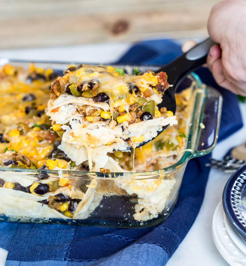 This Vegetarian Tortilla Casserole is made with wholesome ingredients like onions, bell pepper, corn, beans, vegetarian burger patties, corn tortillas and shredded cheese. It’s a great recipe for vegetarians and meat eaters alike, since the veggie patties have a meaty flavor and texture. LOVE THIS ONE.