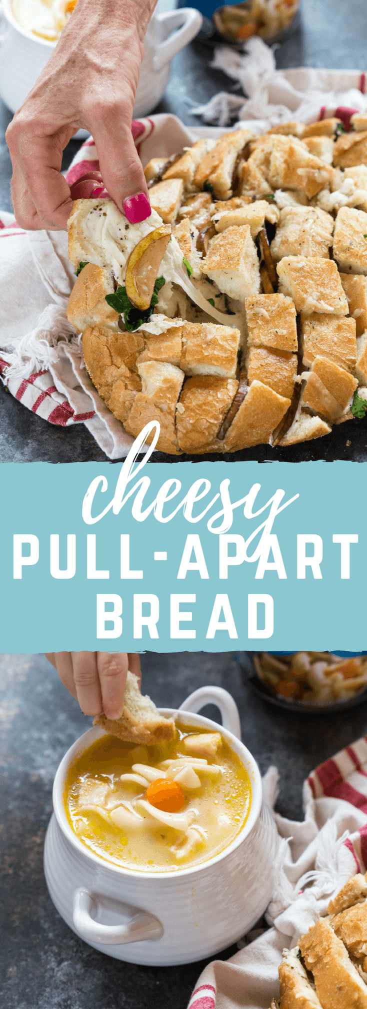 This Cheesy Pull Apart Bread will serve a crowd or simply scale the recipe down for one or two. It's easy to make and tastes delicious with soup!