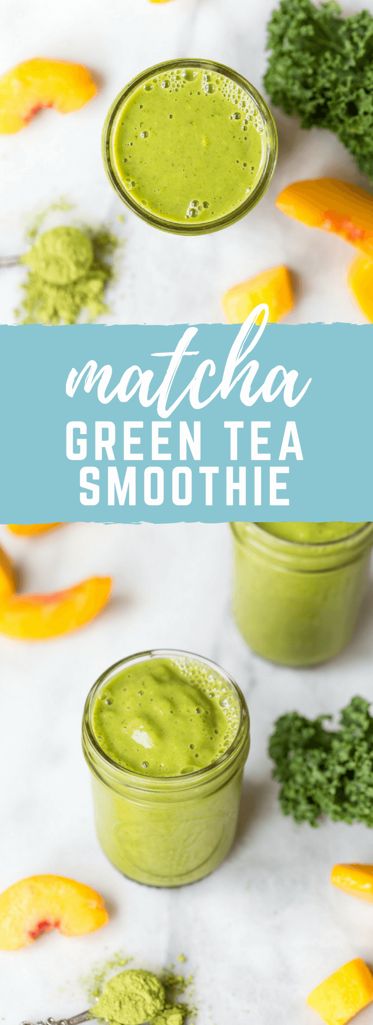 Go green with this mighty Matcha Green Tea Smoothie made with frozen mango, peaches, kale, orange juice, kefir, and matcha green tea powder. It's antioxidant rich, smooth and creamy and makes a great breakfast or snack!