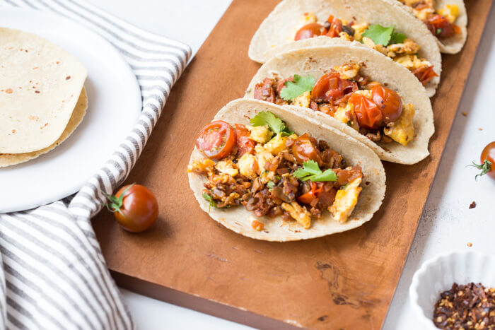 Get excited because these Skillet Breakfast Tacos with Chorizo and Tomatoes are da bomb dot com. Like literally flavor explosion in every bite. This recipe is one of those can’t stop, won’t stop type of breakfast recipes. Seconds? Yes, please!